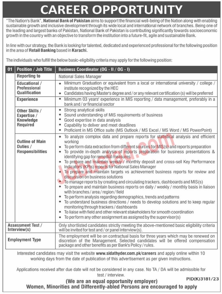 New Business Coordinator Jobs in NBP Karachi May 2024 