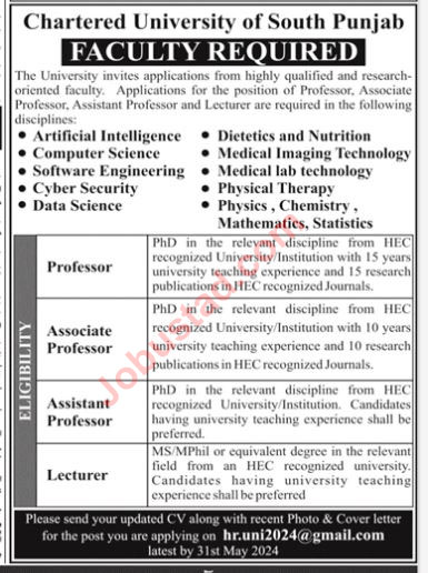 Chartered University of South Punjab Jobs in Multan May 2024
