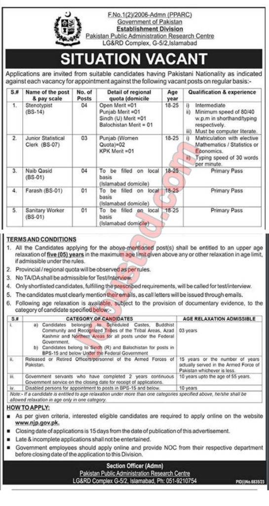 Establishment Division Govt of Pakistan Jobs in Islamabad May 2024