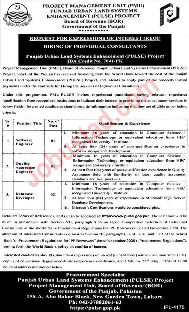 Jobs in Punjab Board of Revenue Lahore May 2024
