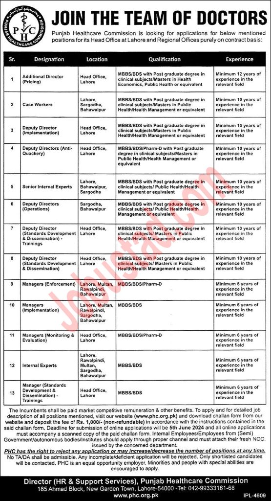 Jobs in Punjab Healthcare Commission PHC Lahore May 2024