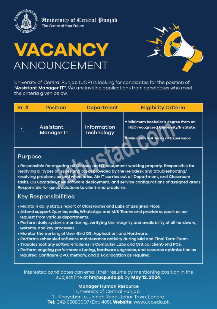 Jobs in University of Central Punjab UCP Lahore May 2024 