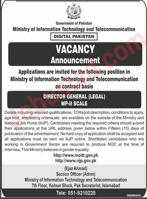 Latest Govt of Pakistan Ministry IT & Telecommunication Jobs in Islamabad May 2024 
