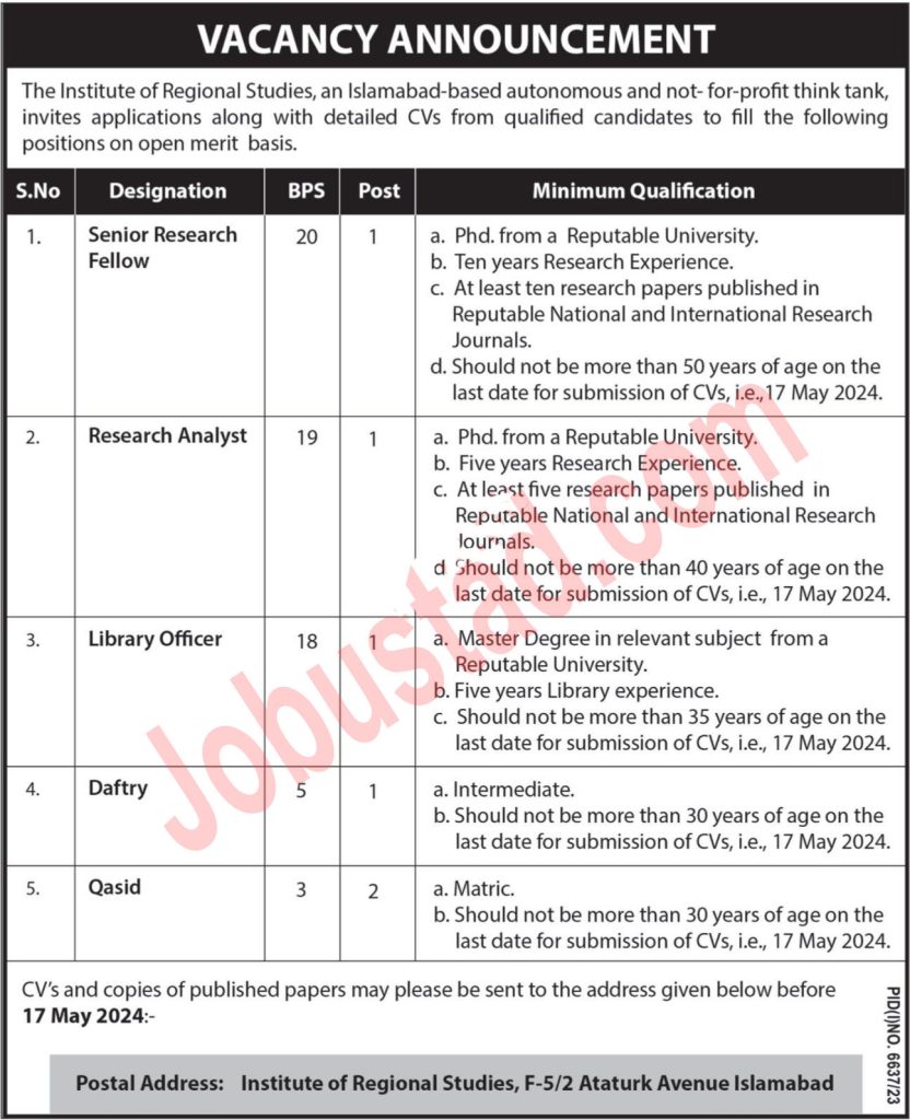 Latest Institute of Regional Studies Jobs in Islamabad May 2024 