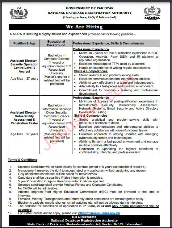 Latest Nadra Department Jobs in Islamabad June 2024