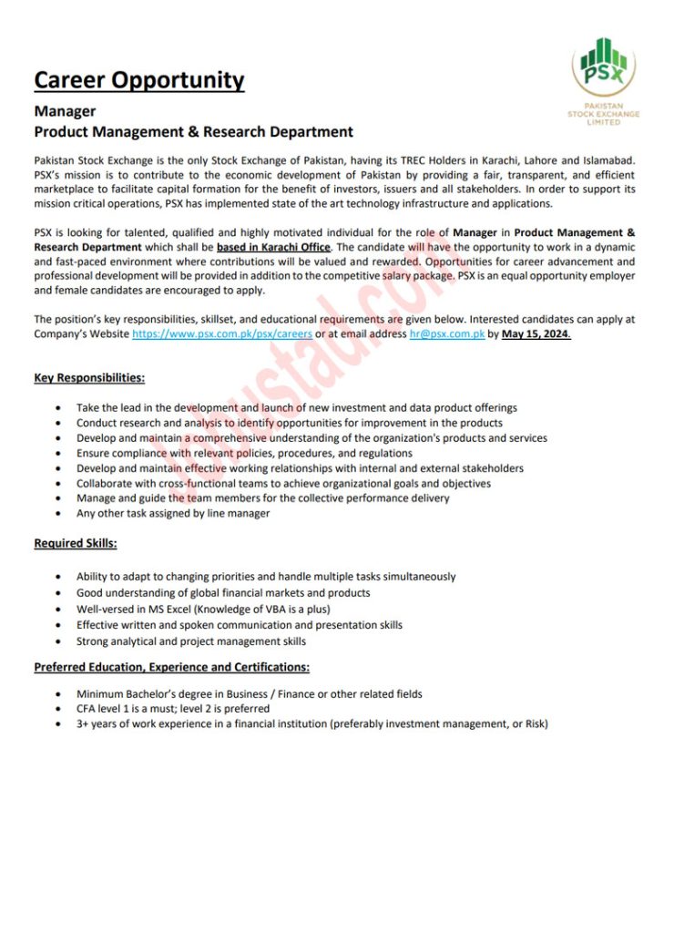 Latest Pakistan Stock Exchange Jobs in Karachi May 2024 
