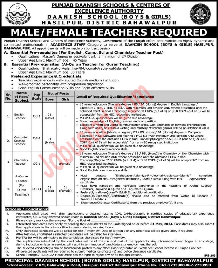 New Punjab Daanish Scool Jobsin Bahawalpur May 2024 