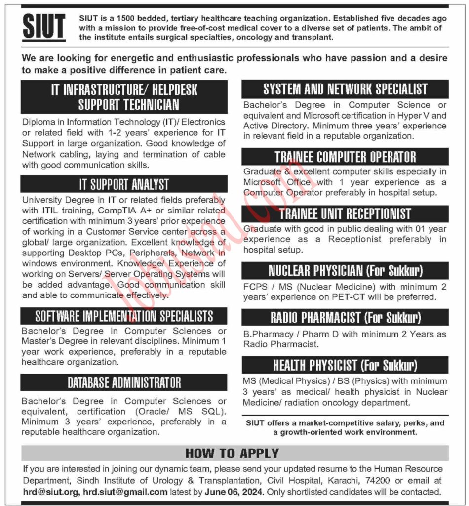 Latest SIUT Jobs in Karachi June 2024