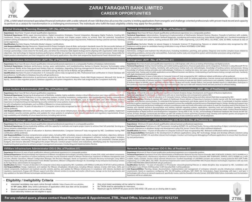 Latest ZTBL Jobs in Islamabad June 2024