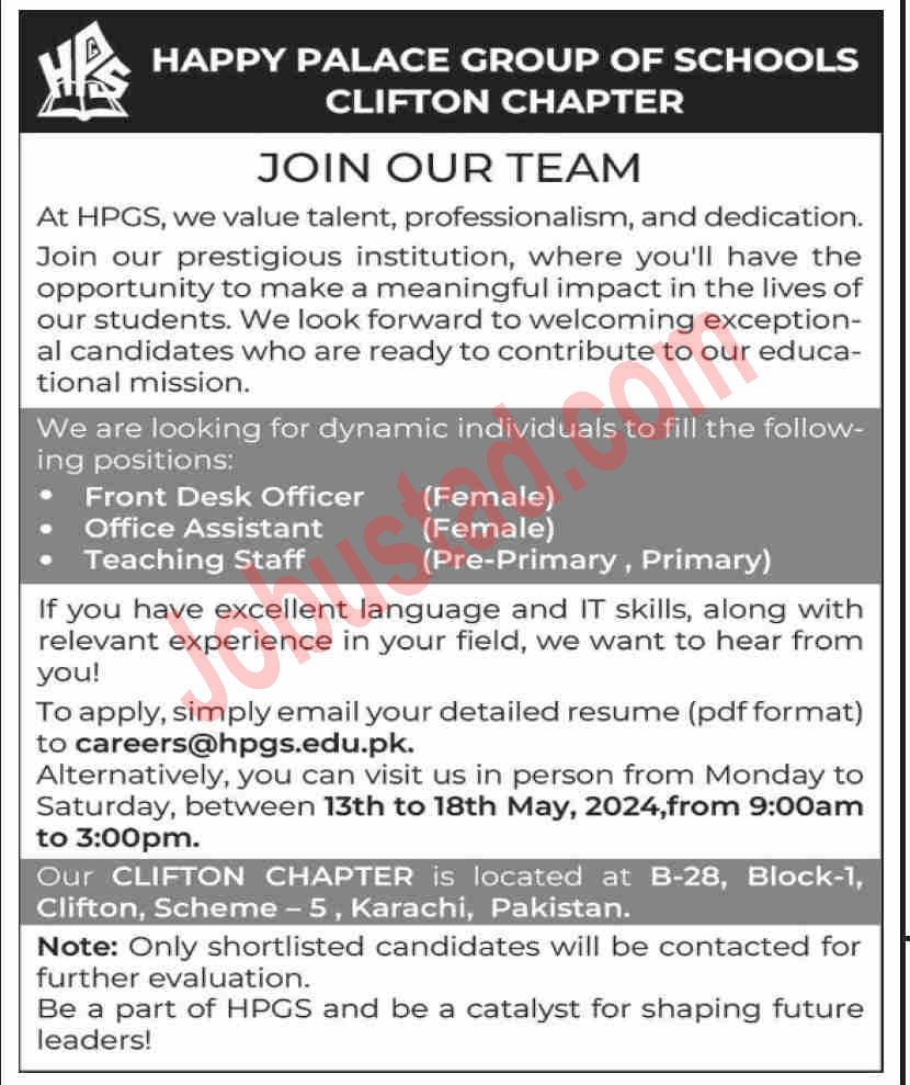 New Happy Palace Group of School Jobs in Karachi May 2024 