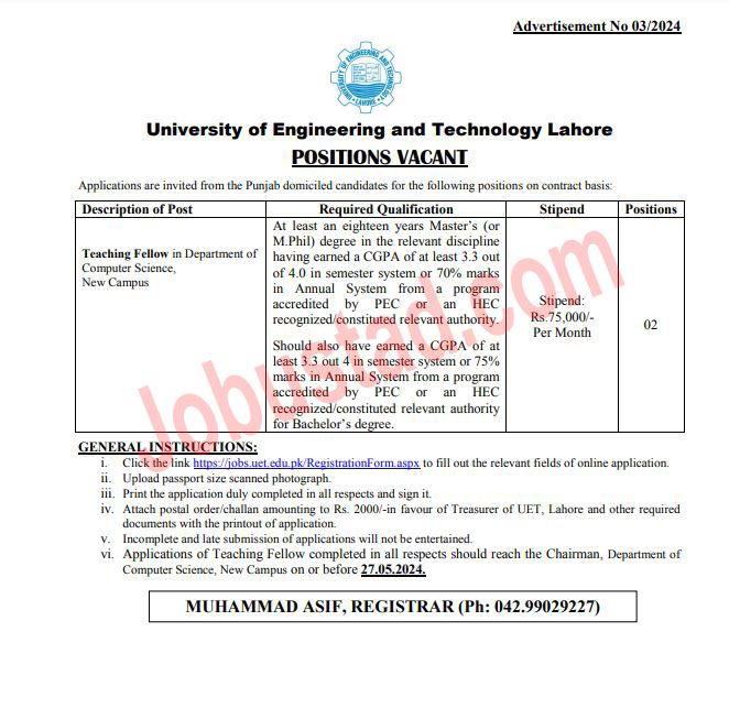 New UET Jobs in Lahore May 2024