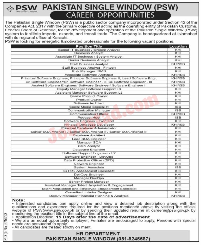 Pakistan Single Window (PSW) Jobs in Karachi May 2024