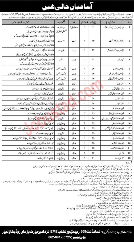 Pak Army 608 Regional Workshop EME Jobs in Bahawalpur May 2024 