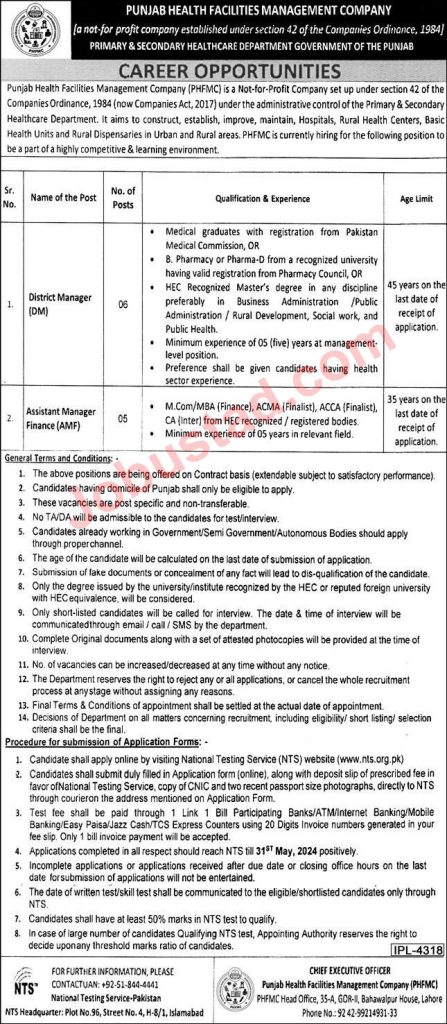 Latest Punjab Health Facilities Management Company PHFMC Jobs in Lahore May 2024 