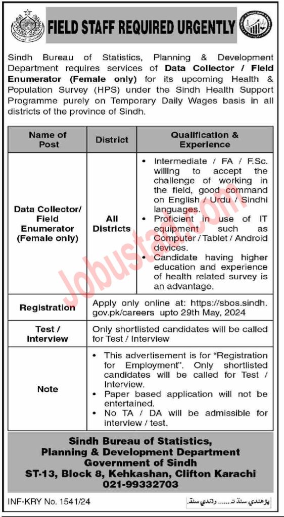 Sindh Bureau of Statistics Jobs in Karachi May 2024