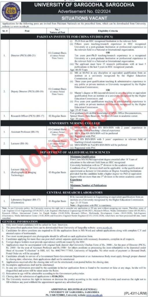 New University of Sargodha UOS Jobs May 2024