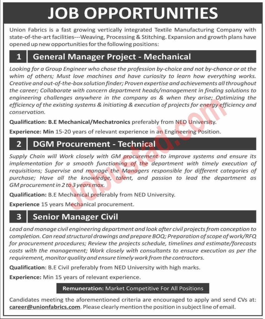 Latest Union Fabrics Jobs in Karachi May 2024 