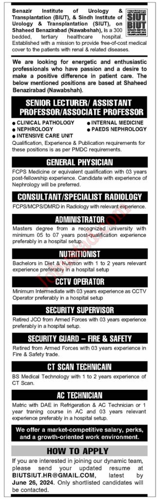 Benazir Institute of Urology Jobs in Nawabshah June 2024 
