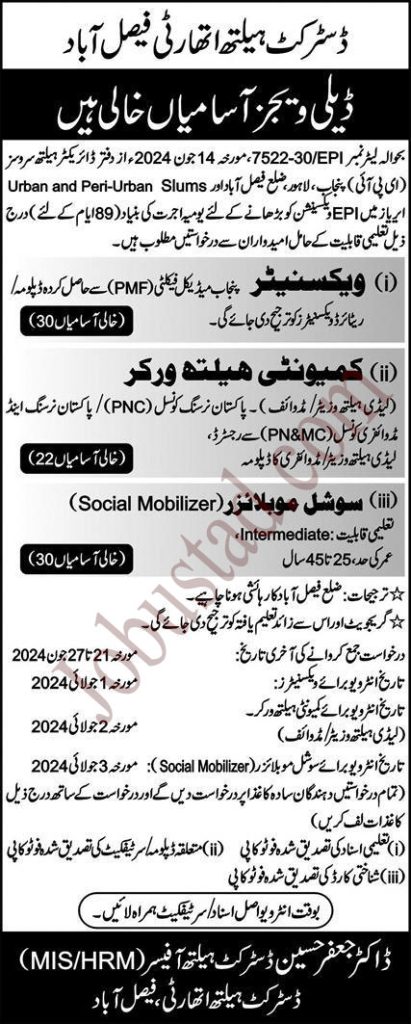 Latest District Health Authority Jobs in Faisalabad June 2024 