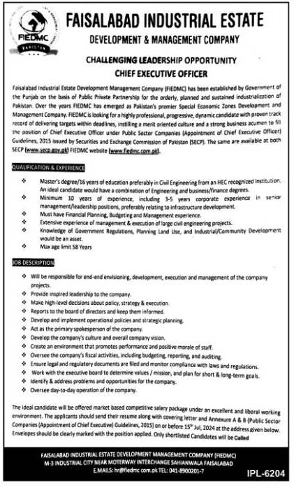 New Faisalabad Industrial Estate Development & Management Company Jobs July 2024 