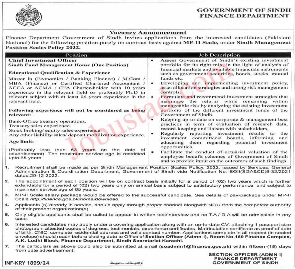 Finance Department Sindh Jobs
