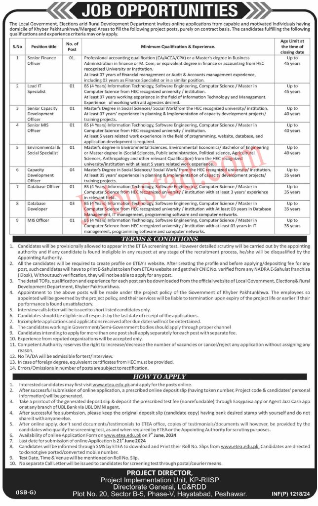 Latest Local Govt & Rural Development Department KPK Jobs in Peshawar June 2024