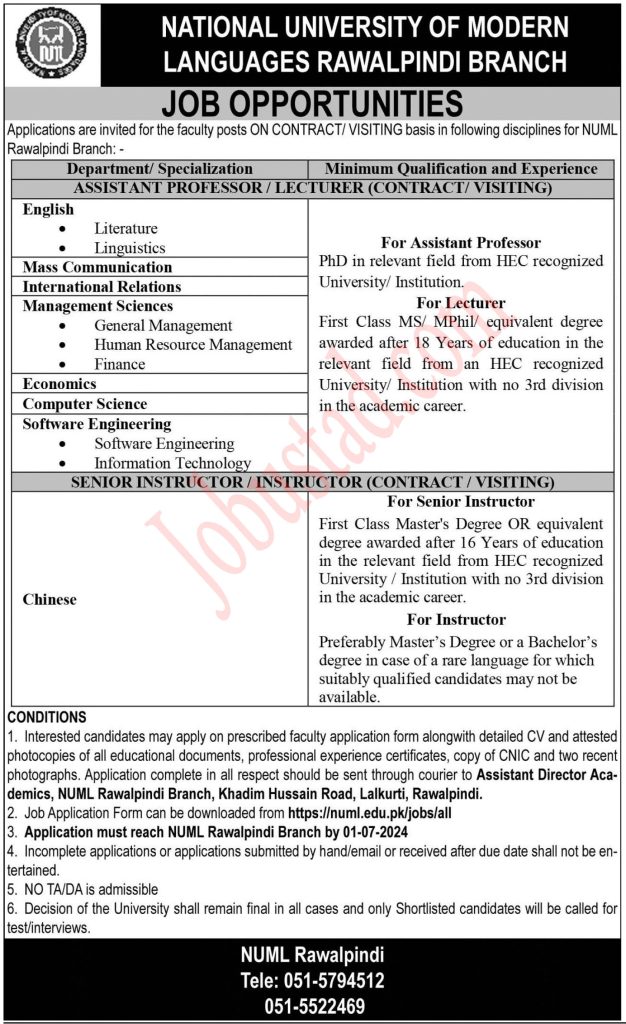 Latest NUML Jobs in Rawalpindi June 2024