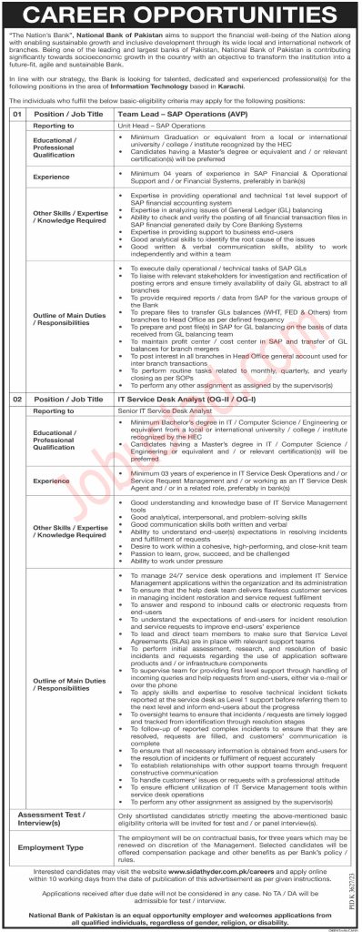 Latest National Bank of Pakistan NBP Jobs in Karachi June 2024