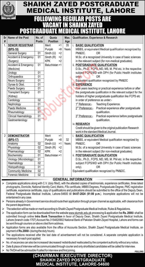 Latest Shaikh Zayed Postgraduate Medical Institute Jobs in Lahore June 2024 
