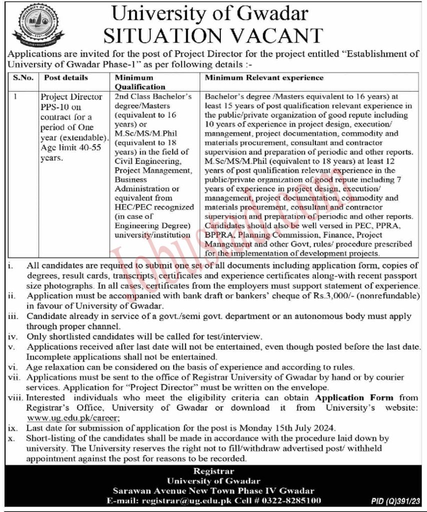 Latest University of Gwadar Jobs June 2024 