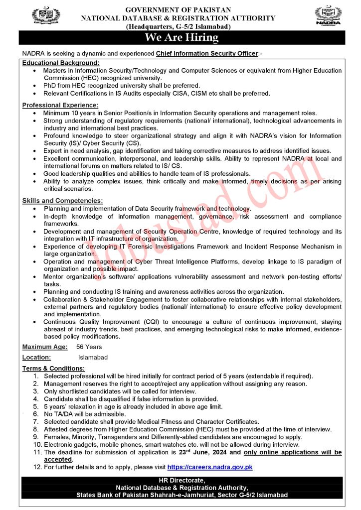 Today Nadra Jobs in Islamabad June 2024 