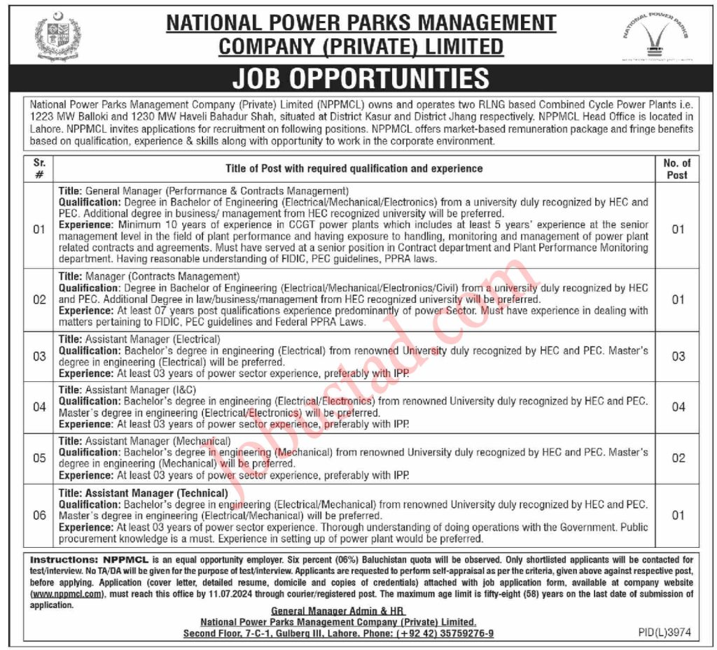 New National Power Parks Management Company Jobs in Lahore June 2024 