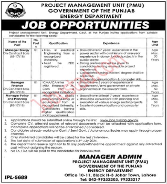 New Energy Department Punjab Jobs in Lahore June 2024 