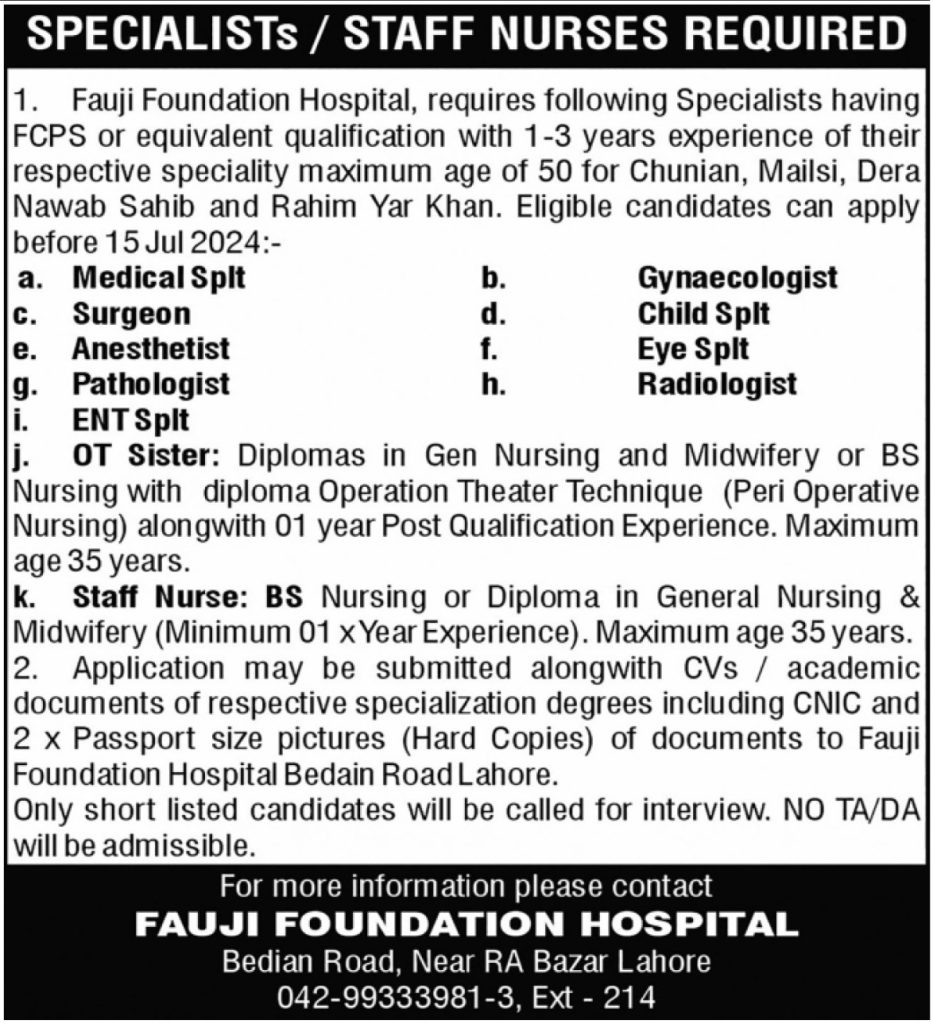 Latest Fauji Foundation Hospital Jobs in Lahore July 2024 