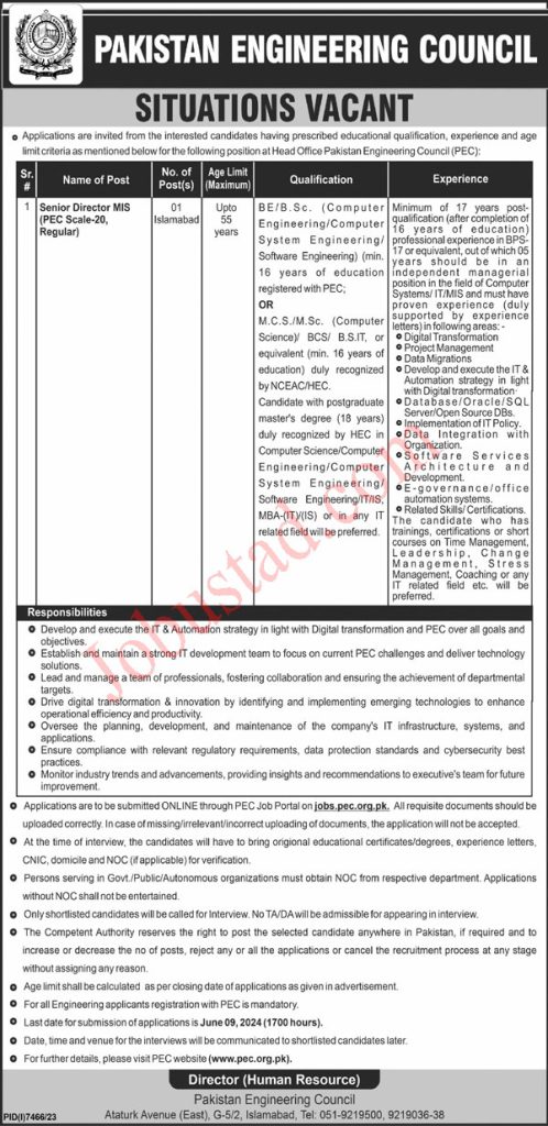 New PEC Jobs in Islamabad June 2024