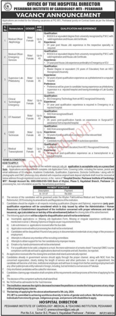 New Peshawar Institute of Cardiology Jobs June 2024