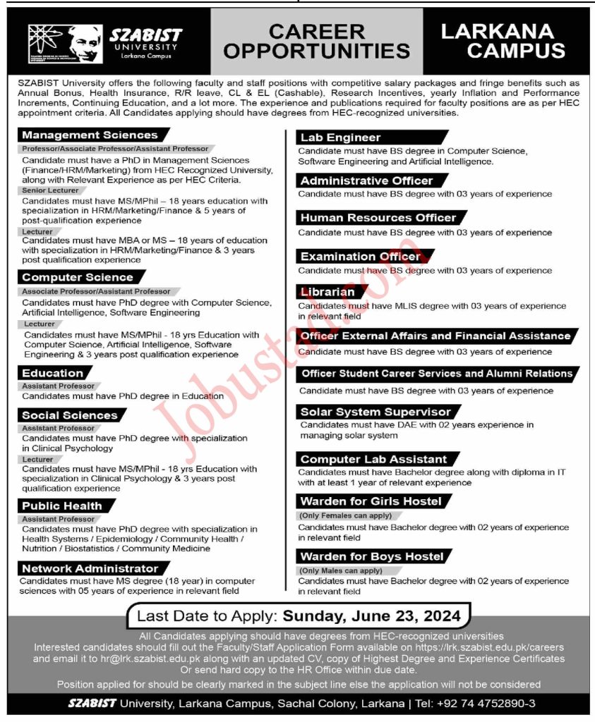 SZABIST University Jobs n Larkana Campus June 2024