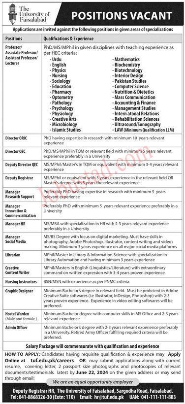 Latest The University of Faisalabad Jobs June 2024