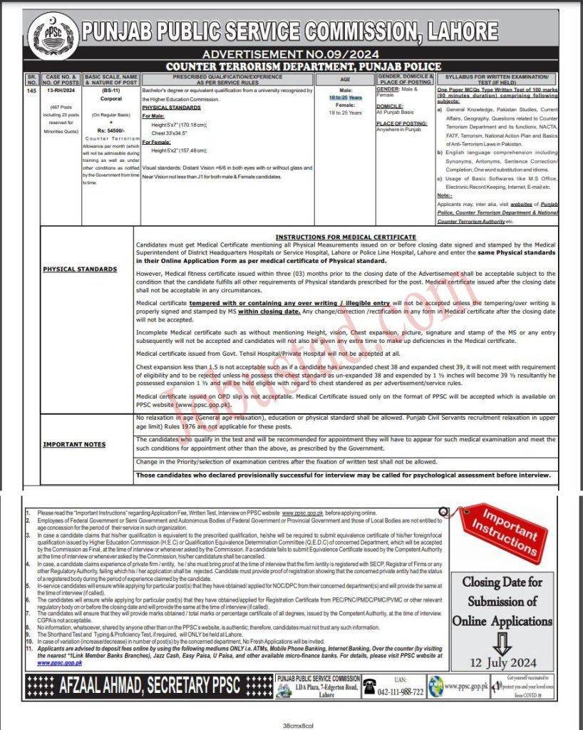 Latest PPSC Jobs Advertisement 09/2024 