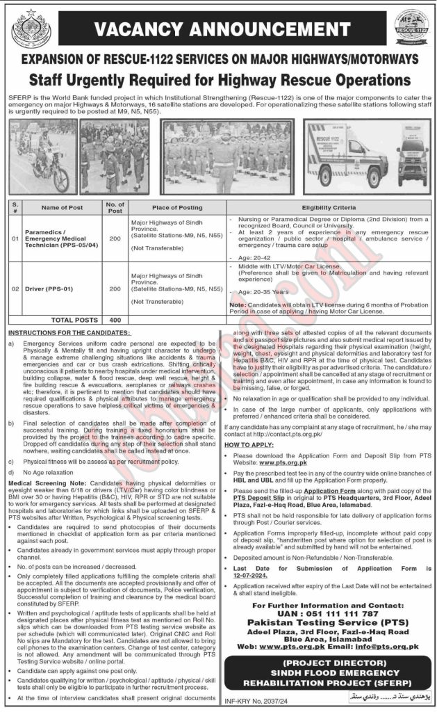 Latest Sindh Emergency Service Rescue 1122 Jobs in Karachi June 2024 
