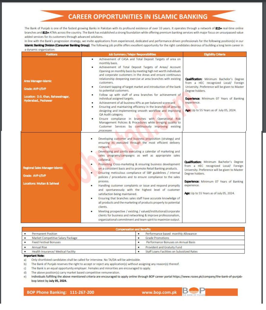 The Bank of Punjab Jobs in Multan Branch June 2024