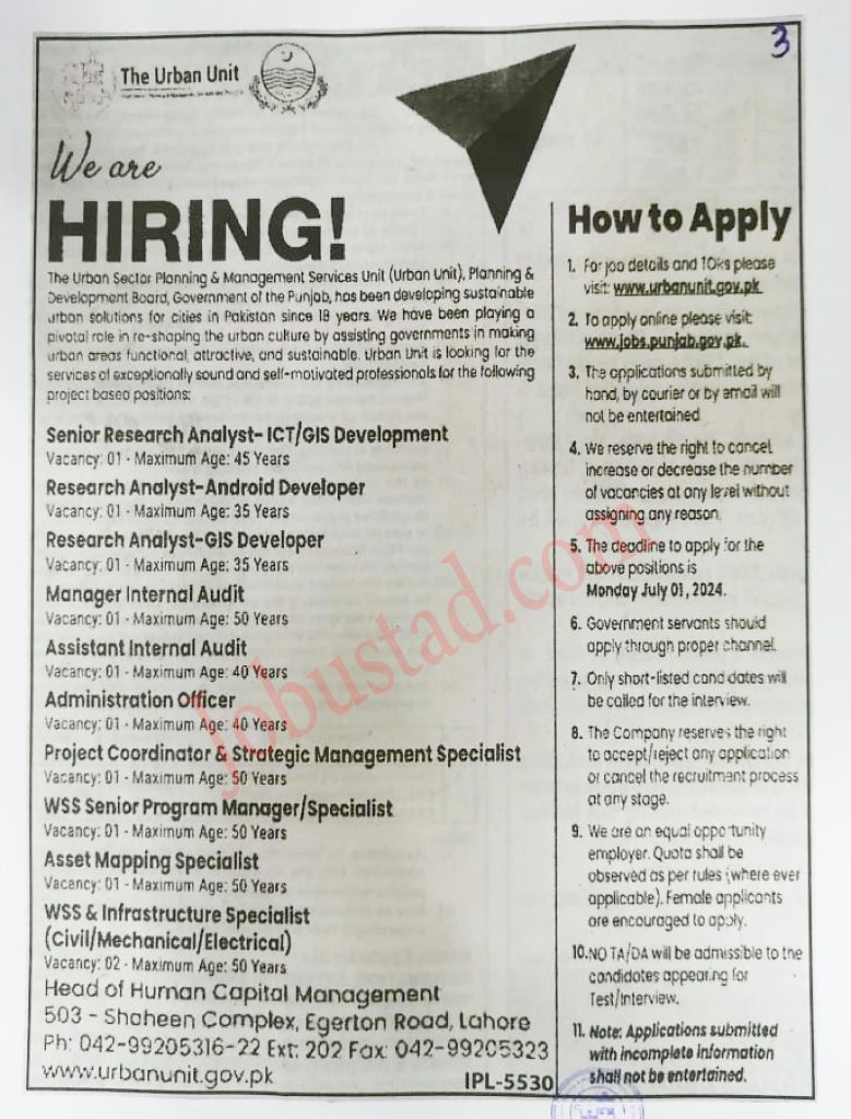 The Urban Unit Punjab Jobs in Lahore june 2024