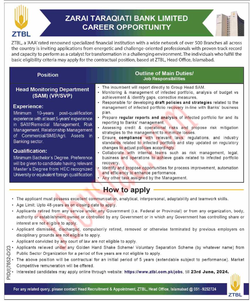 Latest Zarai Taraqiati Bank Limited ZTBL Jobs in Islamabad June 2024 