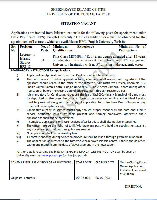 Sheikh Zayed Islamic Centre Jobs in PU Lahore June 2024