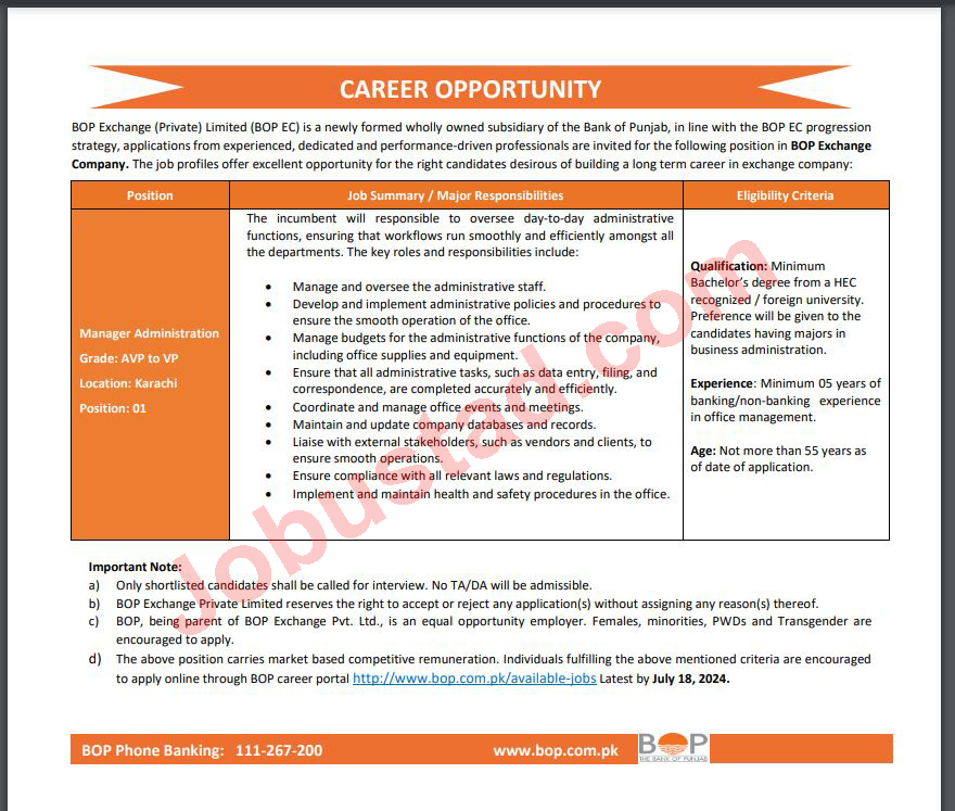 Jobs in Bank of Punjab Karachi Branch July 2024 