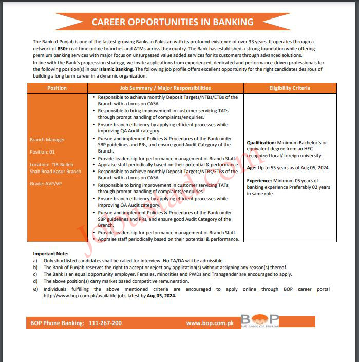 Latest Bank of Punjab Jobs in Kasur July 2024 