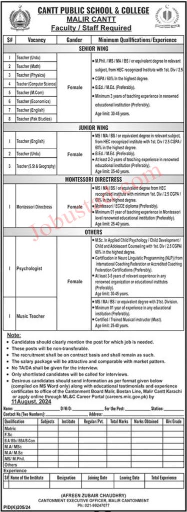 Cantt Public School & College Jobs in Malir August 2024