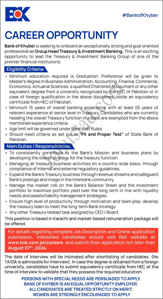 Jobs in Bank of Khyber BOK Peshawar July 2024