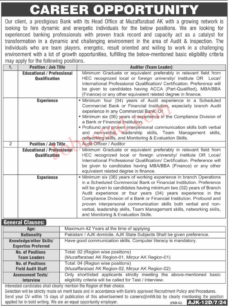 Latest Bank of AJK Jobs in Muzaffarabad August 2024