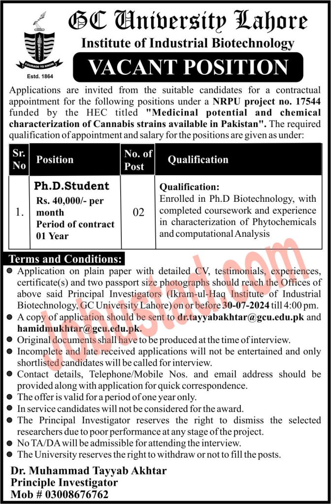 GCU Lahore Jobs Advertisement
